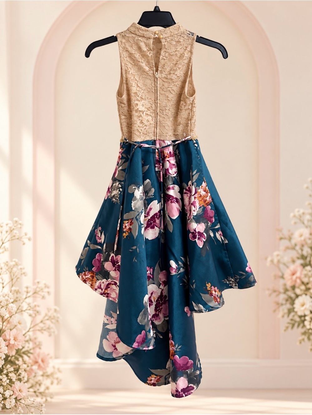 Speechless Kids Girls Size 8 Gold Lace & Teal Floral High-Low Party Dress